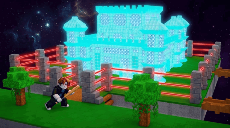 Official promotional artwork showing a player outside a laser-protected cyan base